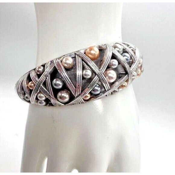 Brighton Bracelet Hinged Silver Tone Imitation Pearls Cuff Magnetic Closure - Picture 9 of 14